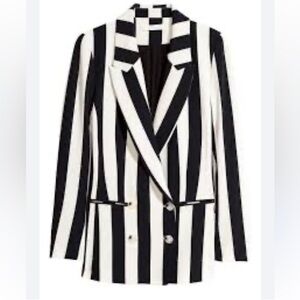 H&M Women Black White Striped Double Breasted Stretch Career Work Suit Blazer 8